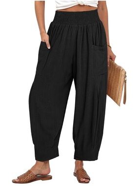 Smocked Waist Boho Style Relaxed Black Linen-Blend Pants